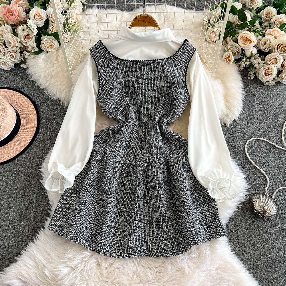 Sequined Tweed Dress&Bottoming Shirt 2Pcs