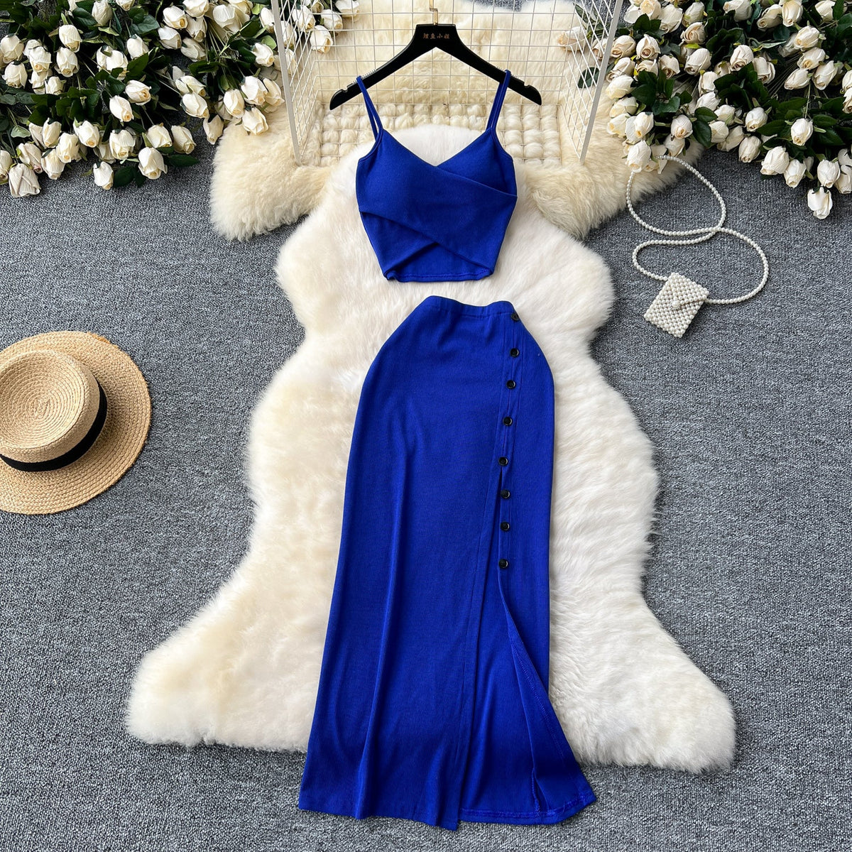 V-neck Camisole&Split Skirt Knitted 2Pcs