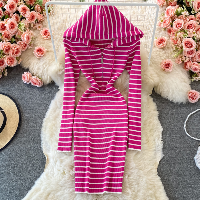 Hooded Striped Elastic Knitted Dress