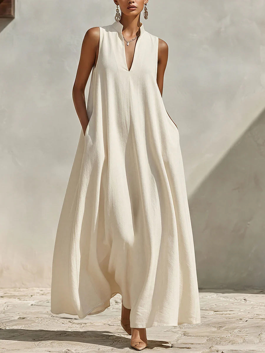 Stand Collar Split Sleeveless Loose Linen Maxi Dress