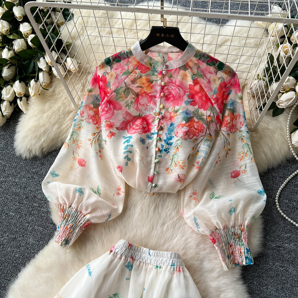 Single-breasted Top&Half-body Skirt Floral 2Pcs