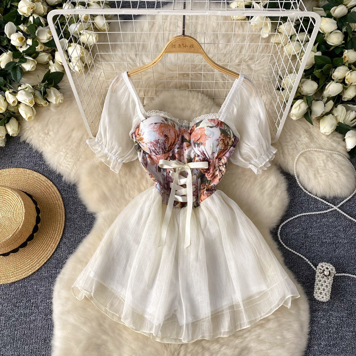 Courtly Floral Patchwork Puffy Dress