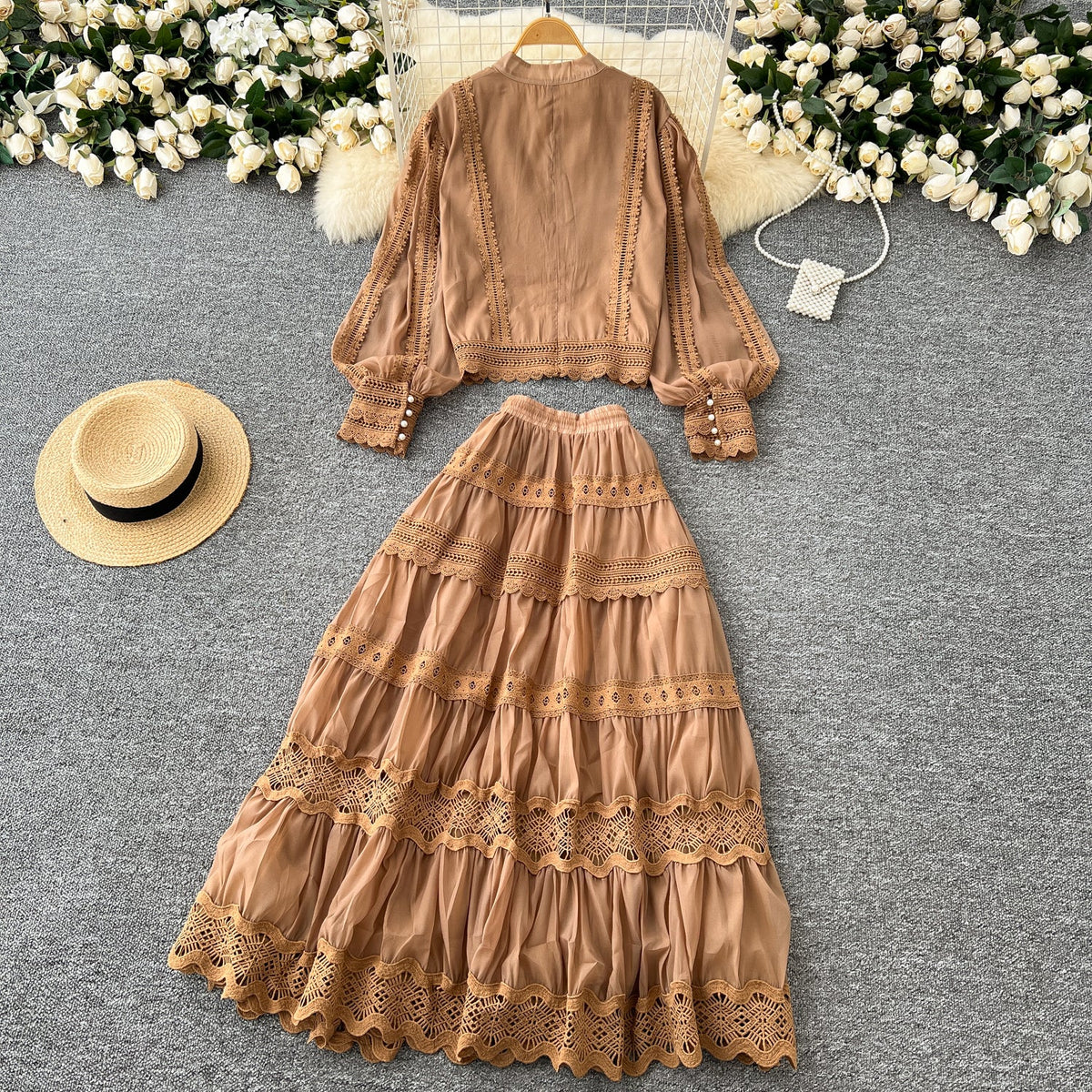 V-neck Shirt&Skirt Lace Patchwork 2Pcs