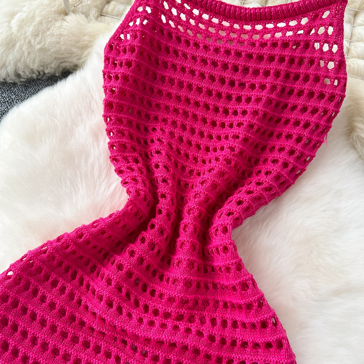 Plaid Hollowed Knitted Slip Dress
