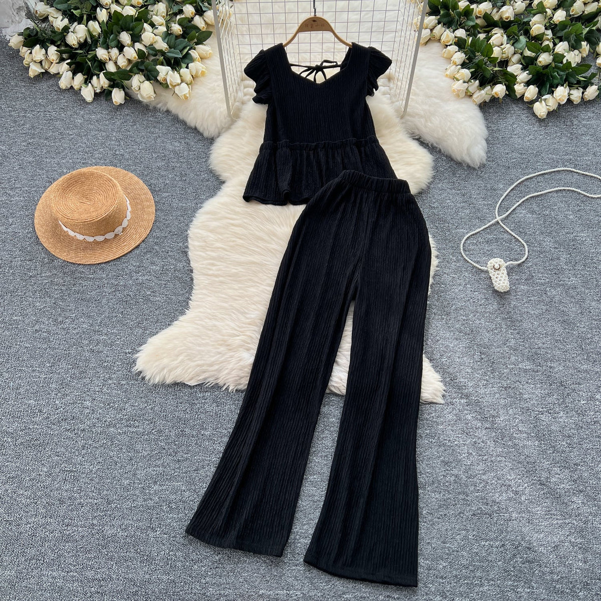 Loose Top&Trousers Solid Color 2Pcs