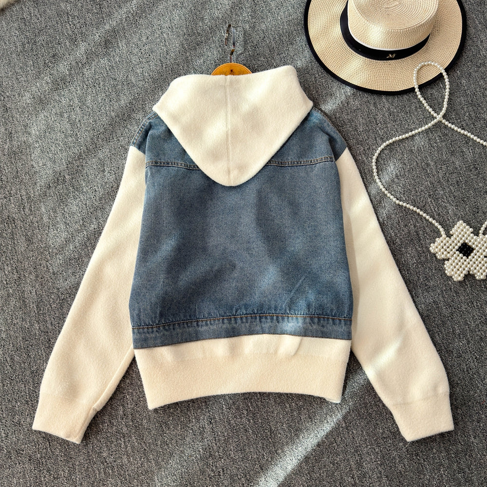 Vintage Denim Patchwork Zipped Jacket