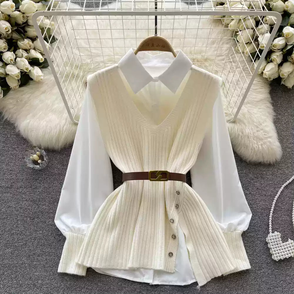 V-neck Knitted Vest&White Shirt 2Pcs