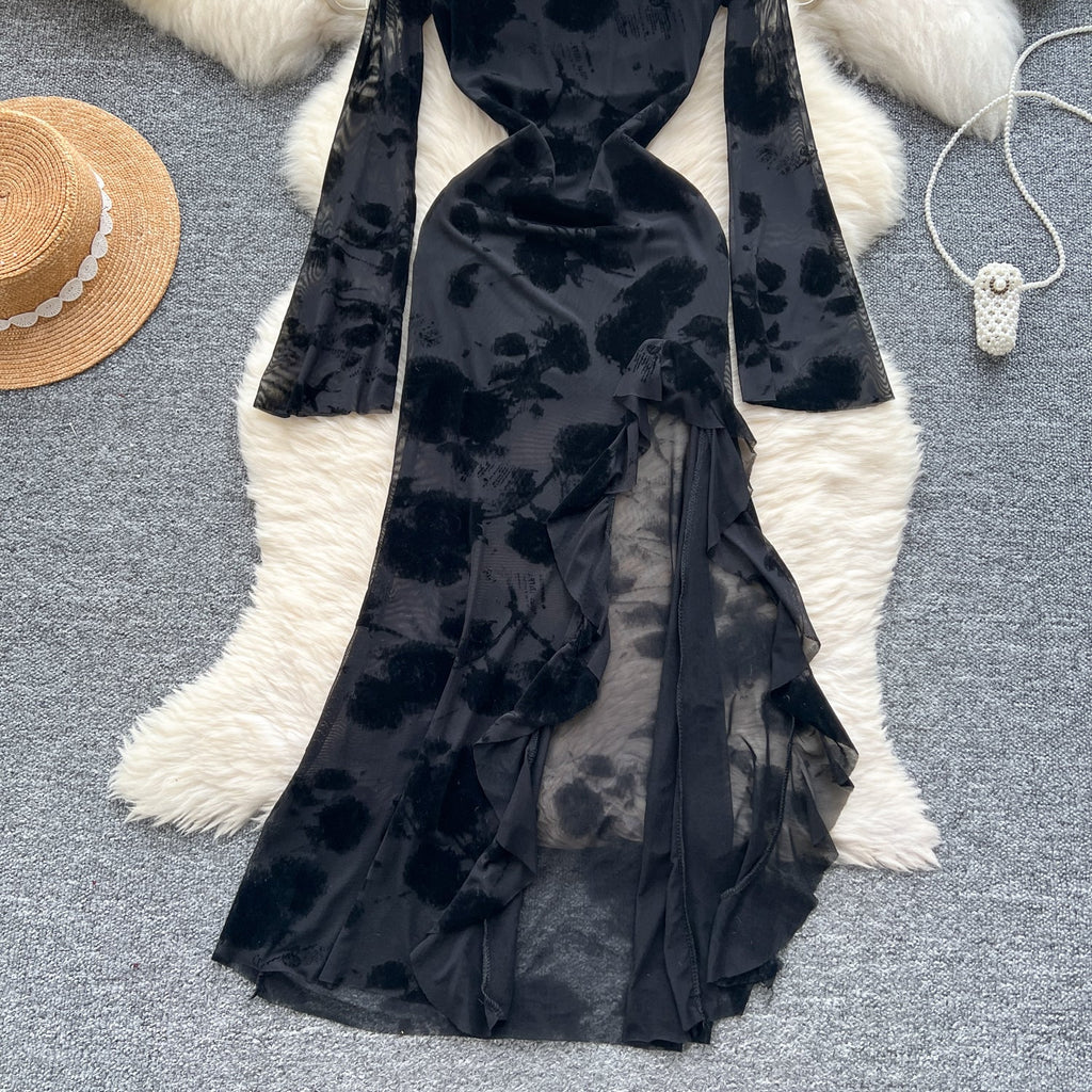 Asymmetric Embroidered Floral Black Dress