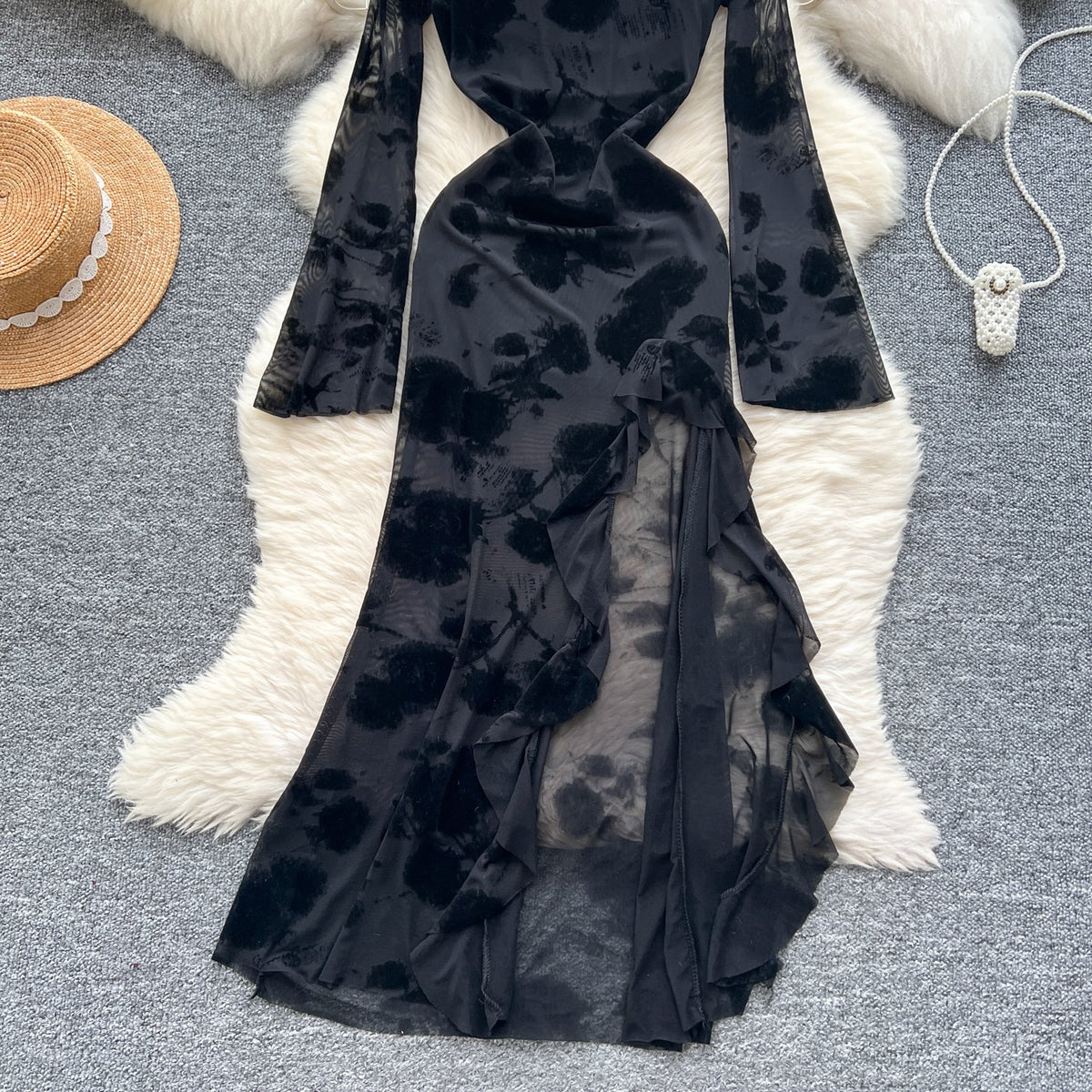 Asymmetric Embroidered Floral Black Dress