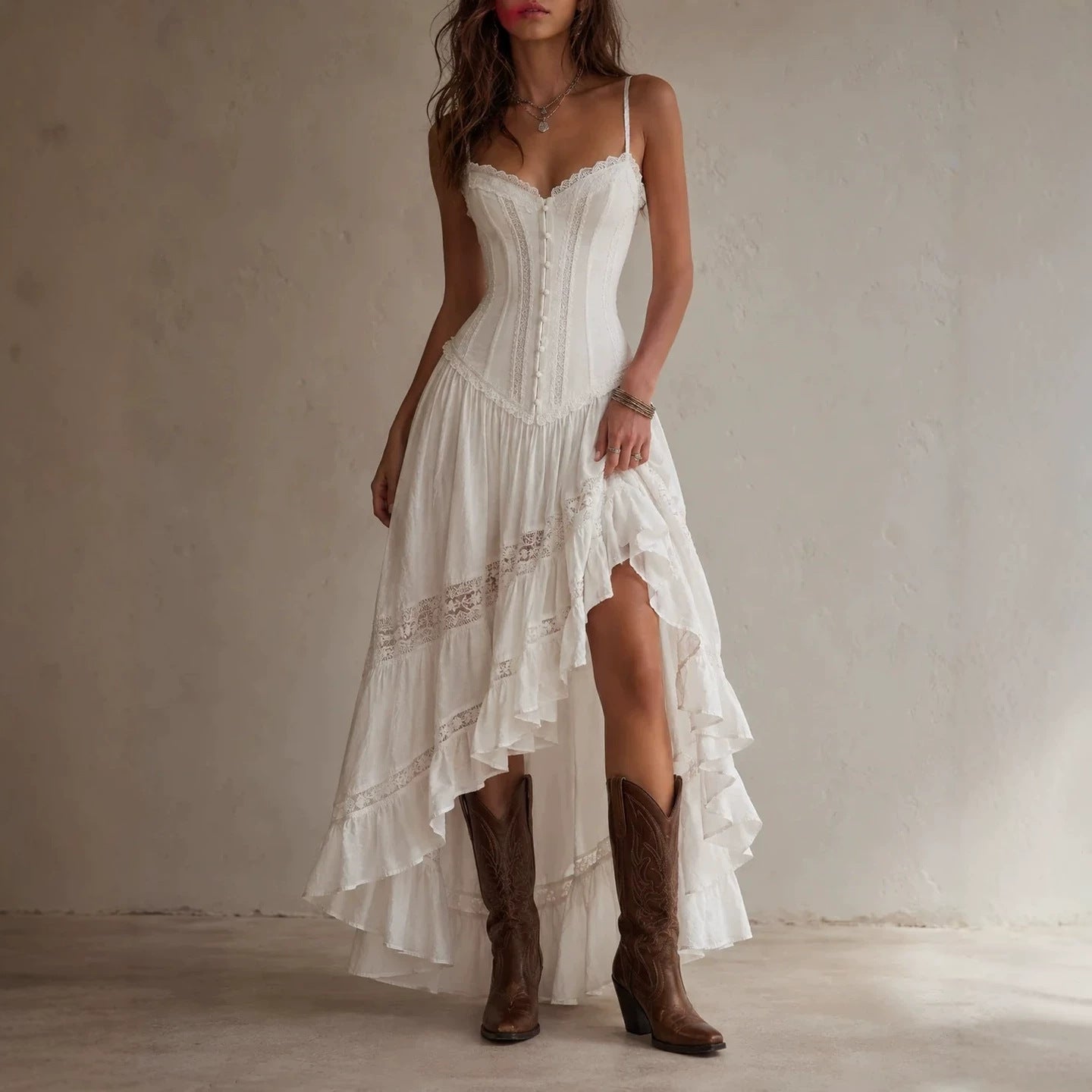 White Lace Corset Spaghetti Strap Maxi Dress Women Boho High Low Ruffle Maxi Dress