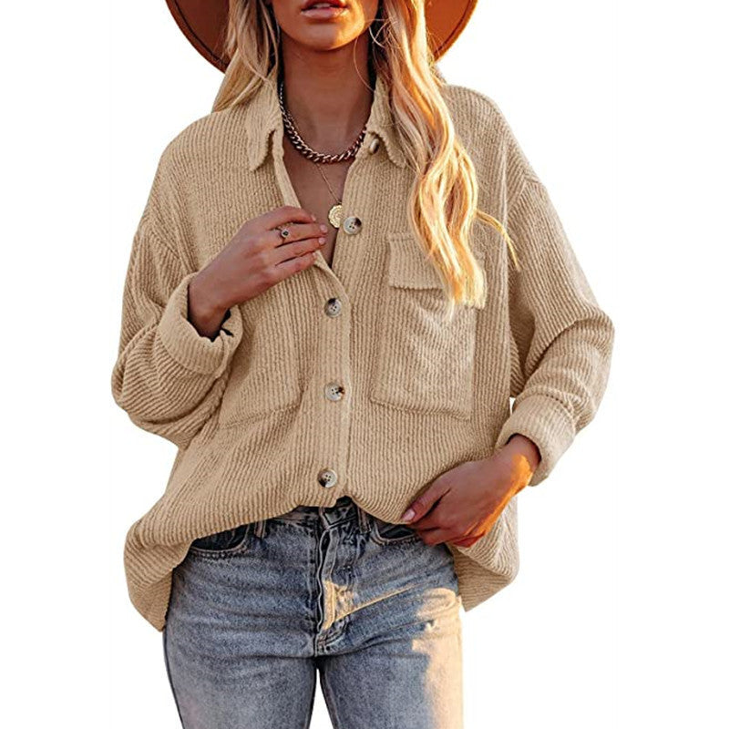 Solid Color Tip-striped Corduroy Shirt