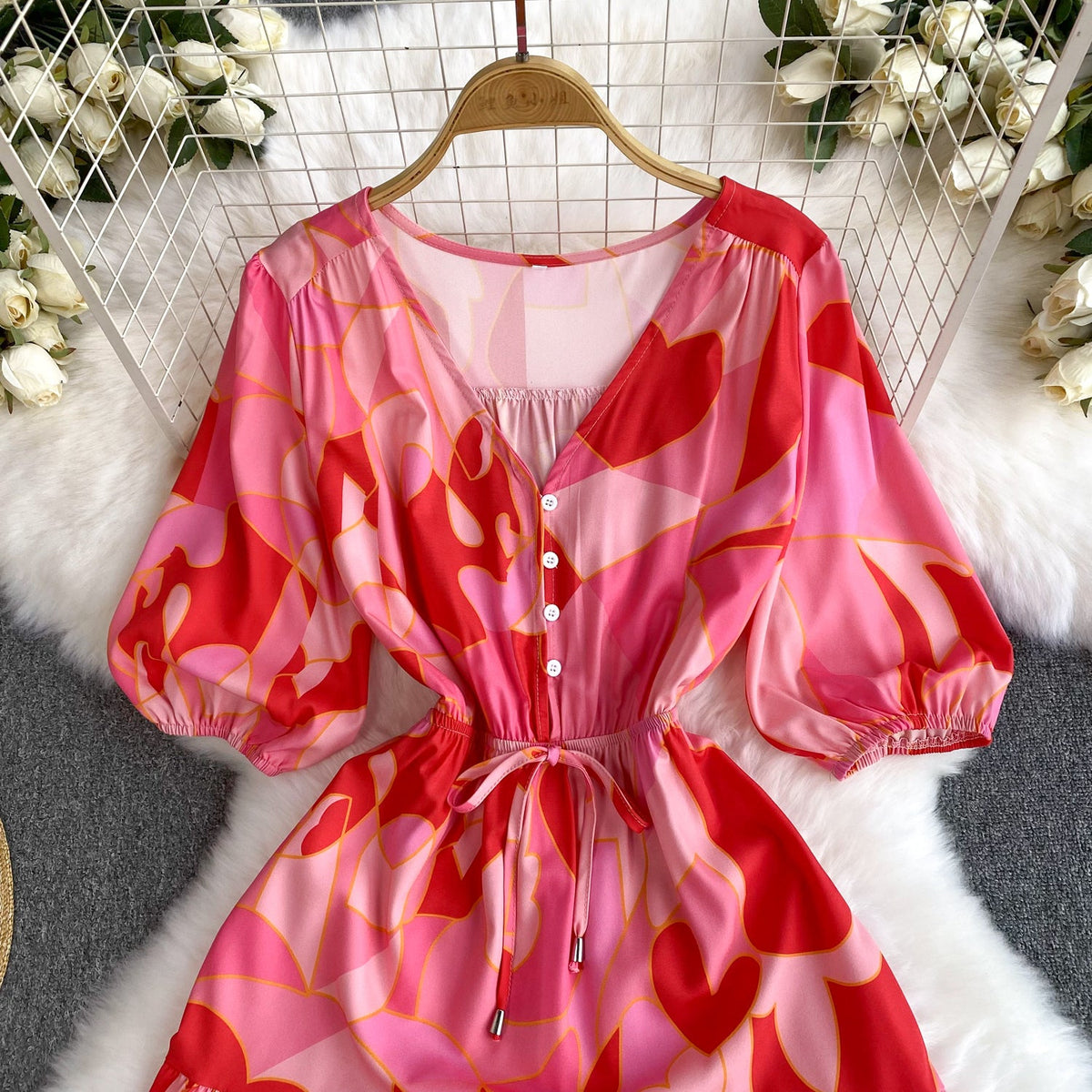 French Style Ruffled Printed Dress