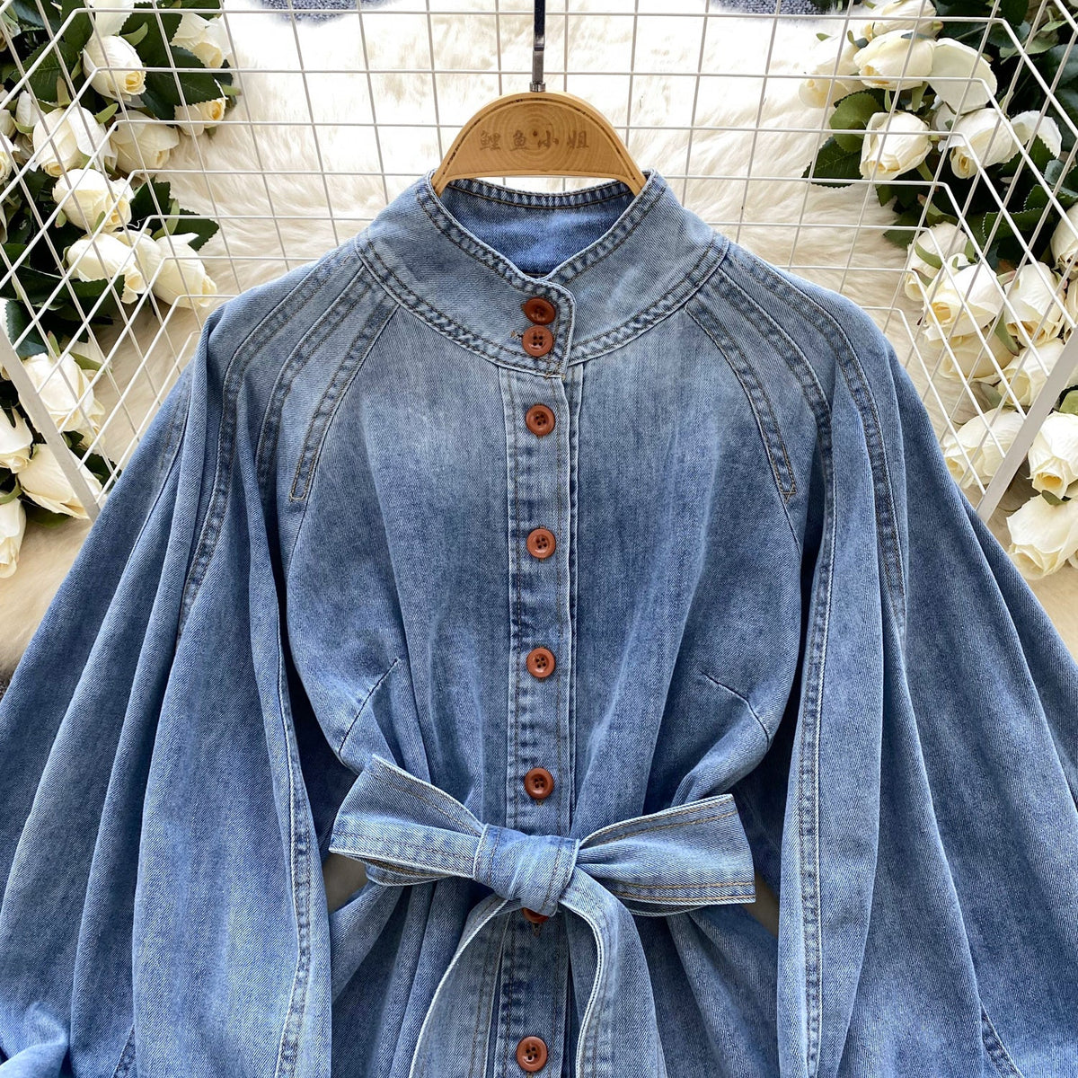 Vintage Stand Collar Lace-up Denim Shirt