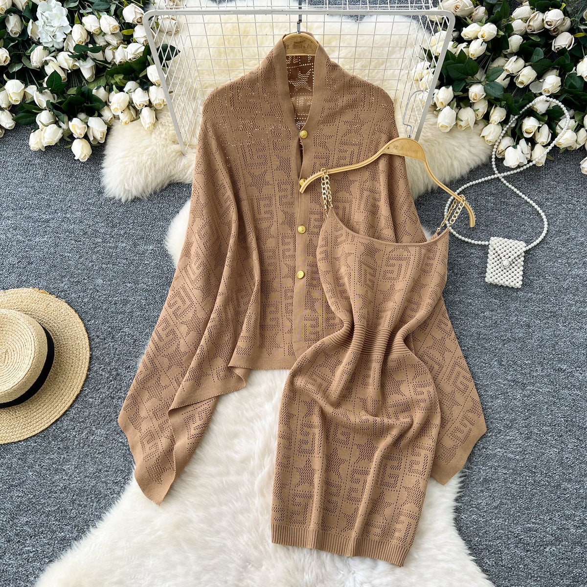 Oversized Shawl&Slip Dress Printed 2Pcs