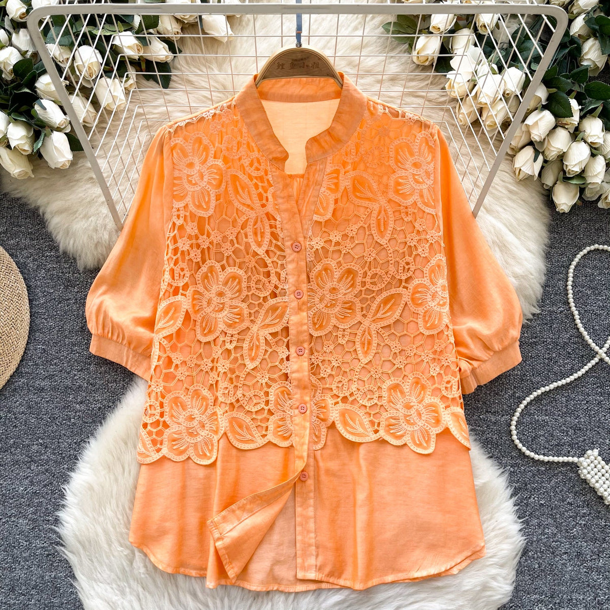 Premium Hollowed Embroidery Lace Shirt