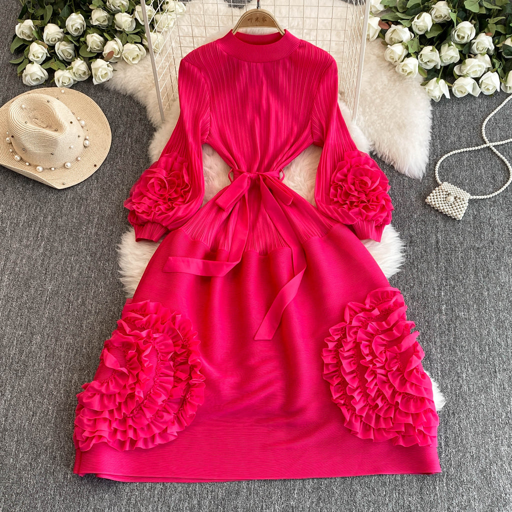 High-end 3d Ruffled Lace-up Dress