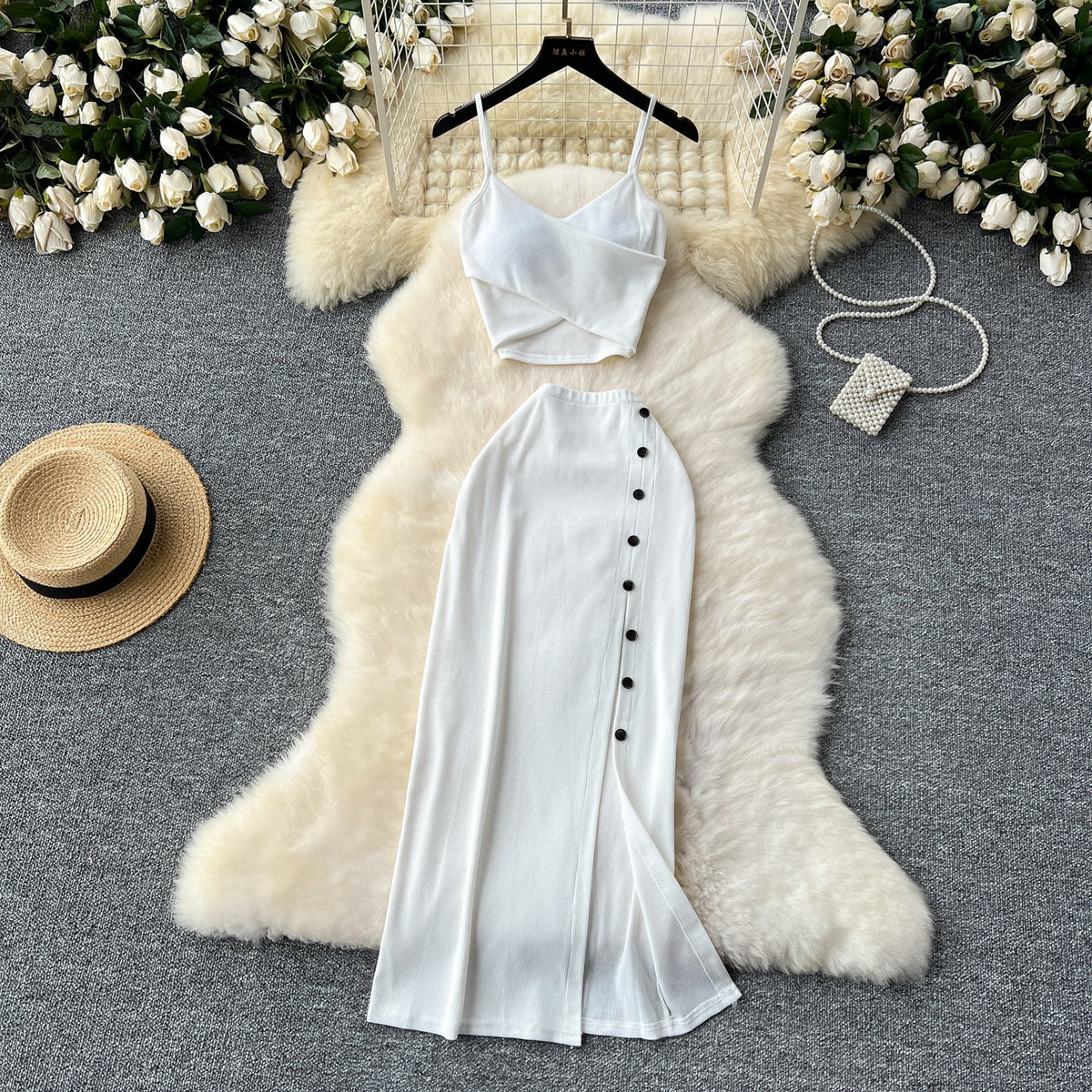 V-neck Camisole&Split Skirt Knitted 2Pcs