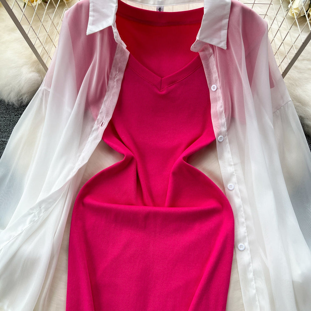 Bodycon Dress&Chiffon Cardigan 2Pcs