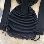 Lace Patchwork Drawstring Black Dress