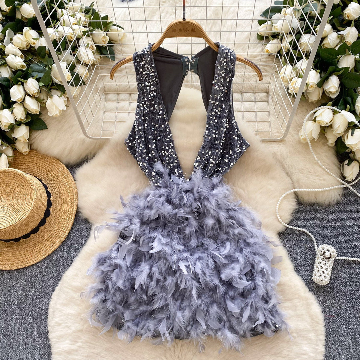 Hollowed Deep V-neck Sequined Dress