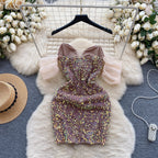 Off-shoulder Sequined Patchwork Party Dress
