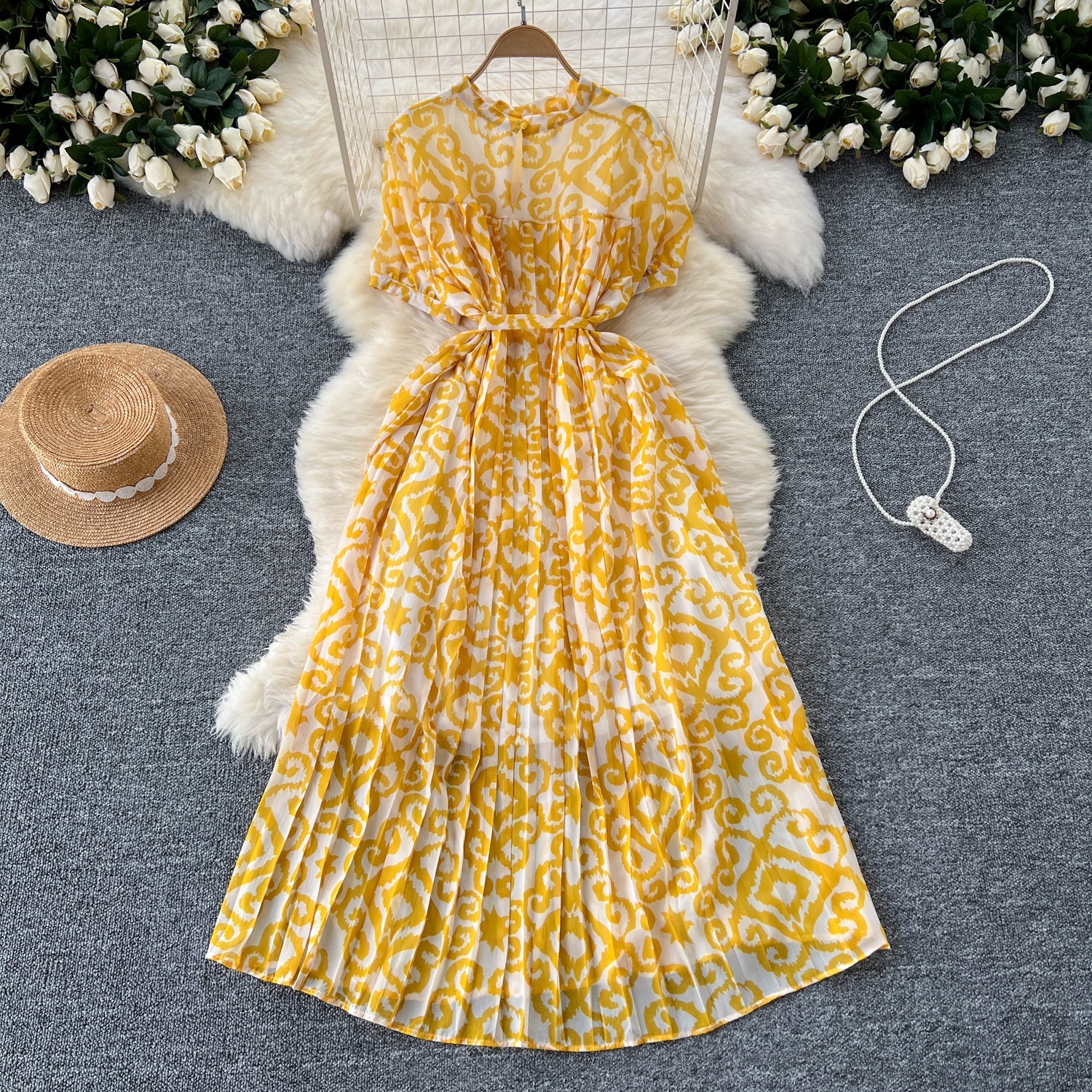Floral Printed Pleated Chiffon Dress