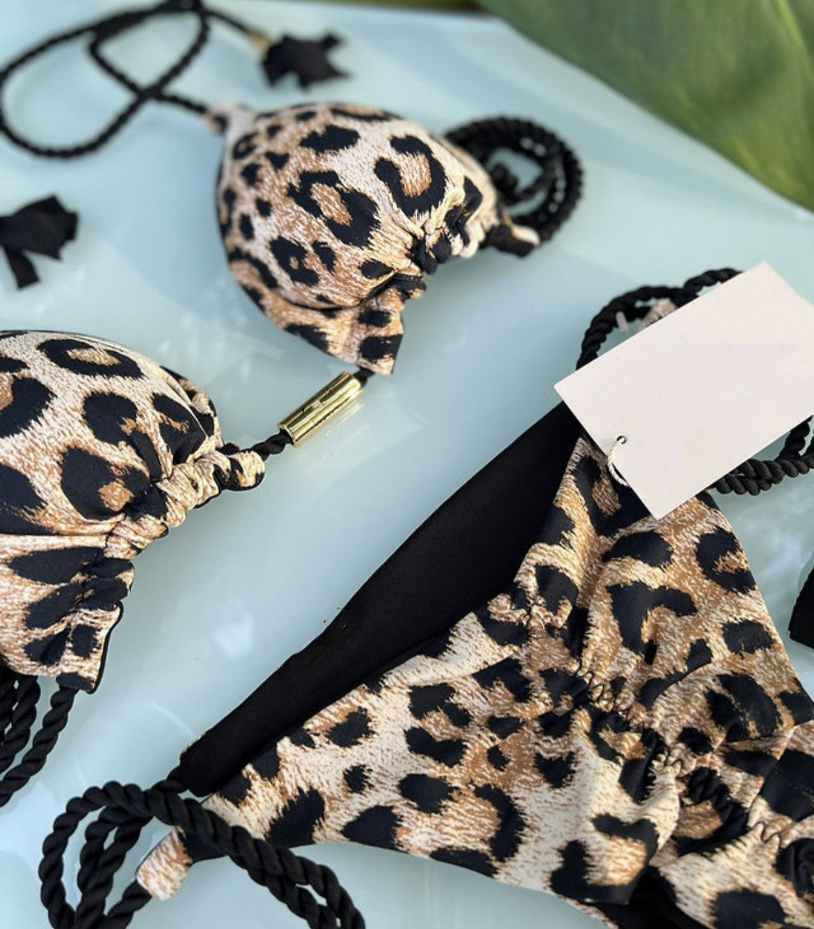 Low Waist Braided Rope Leopard Print Swimwear