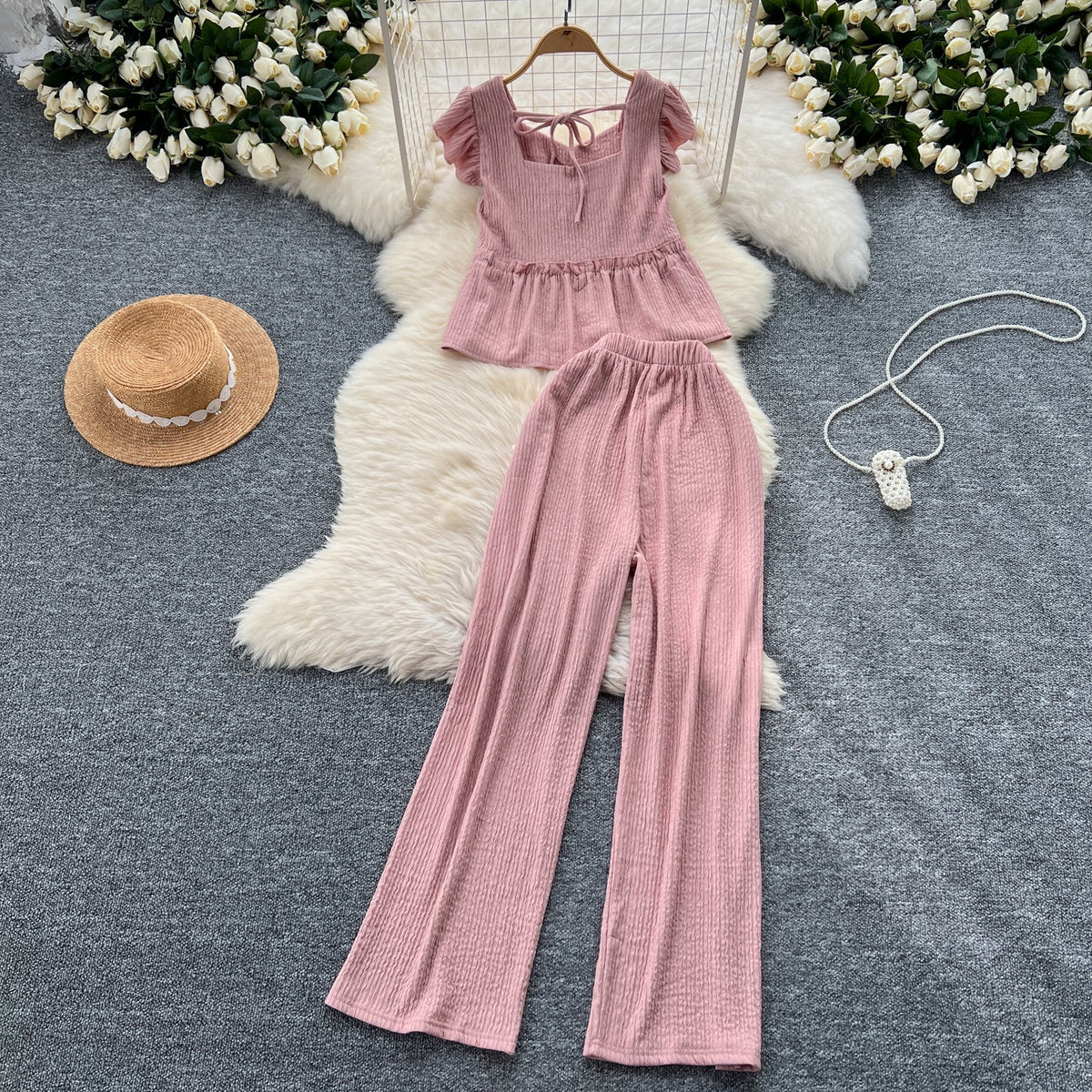 Loose Top&Trousers Solid Color 2Pcs