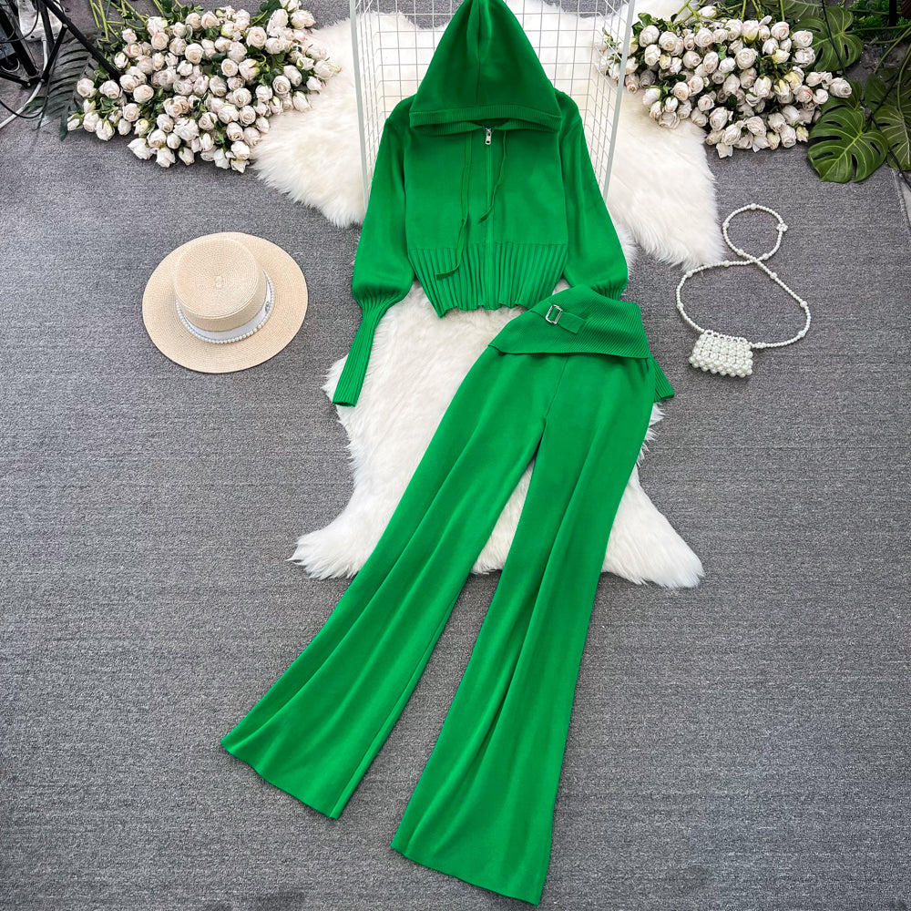 Knitted Hoodie&Wide-leg Trousers 2Pcs