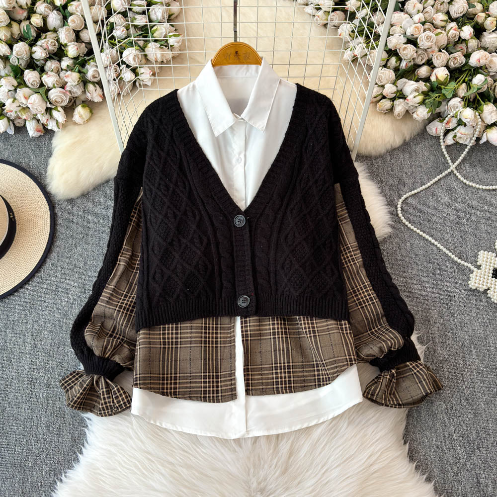 Plaid Patchwork Cardigan&White Shirt 2Pcs