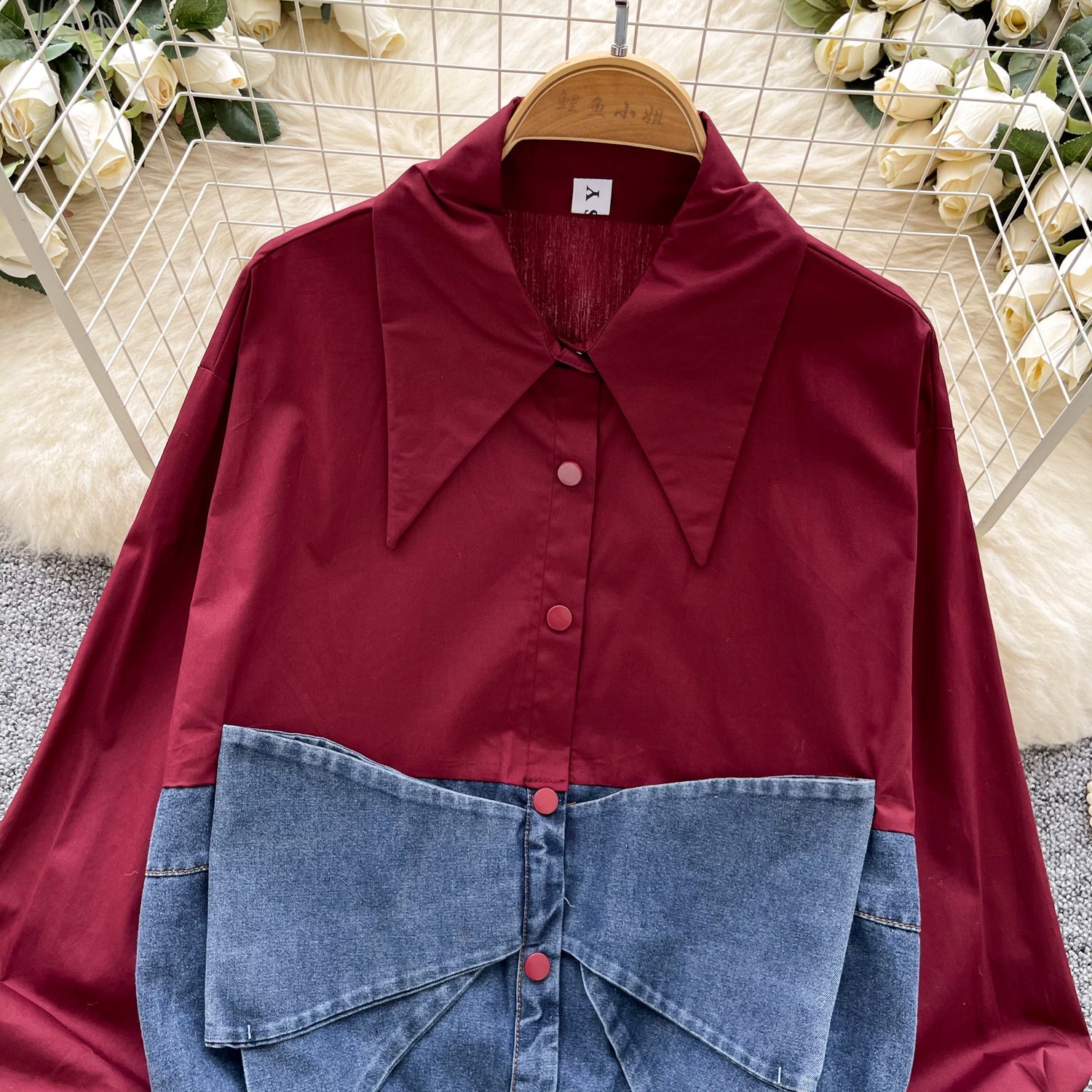 Niche Bow Denim Patchwork Shirt