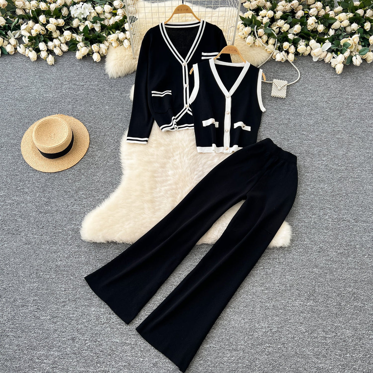 Vest&Cardigan&Trousers Color Blocking 3Pcs