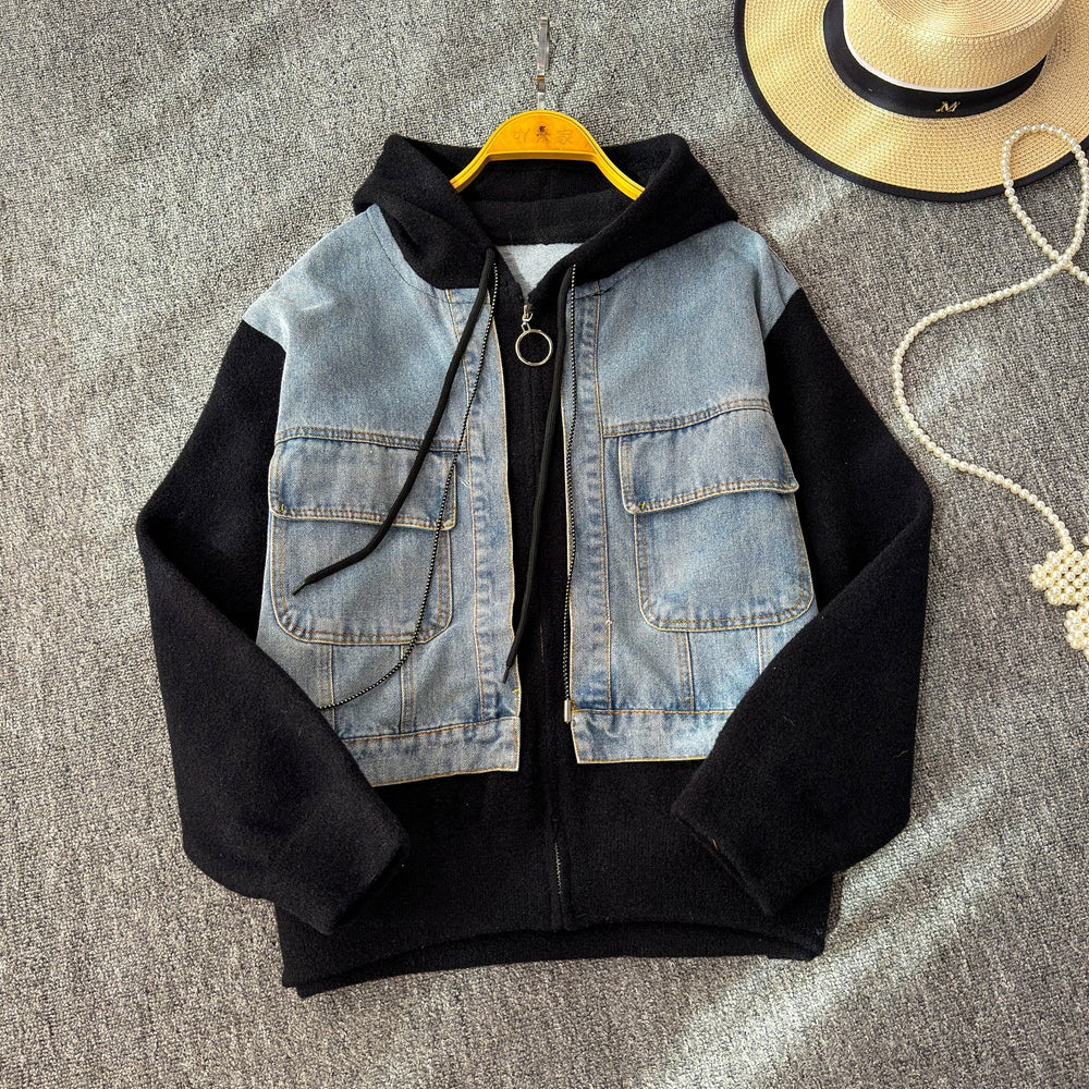 Vintage Denim Patchwork Zipped Jacket