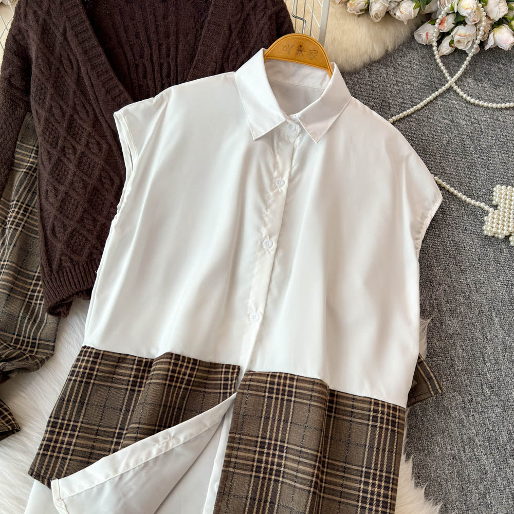 Plaid Patchwork Cardigan&White Shirt 2Pcs