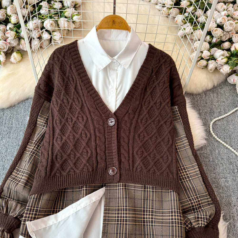 Plaid Patchwork Cardigan&White Shirt 2Pcs