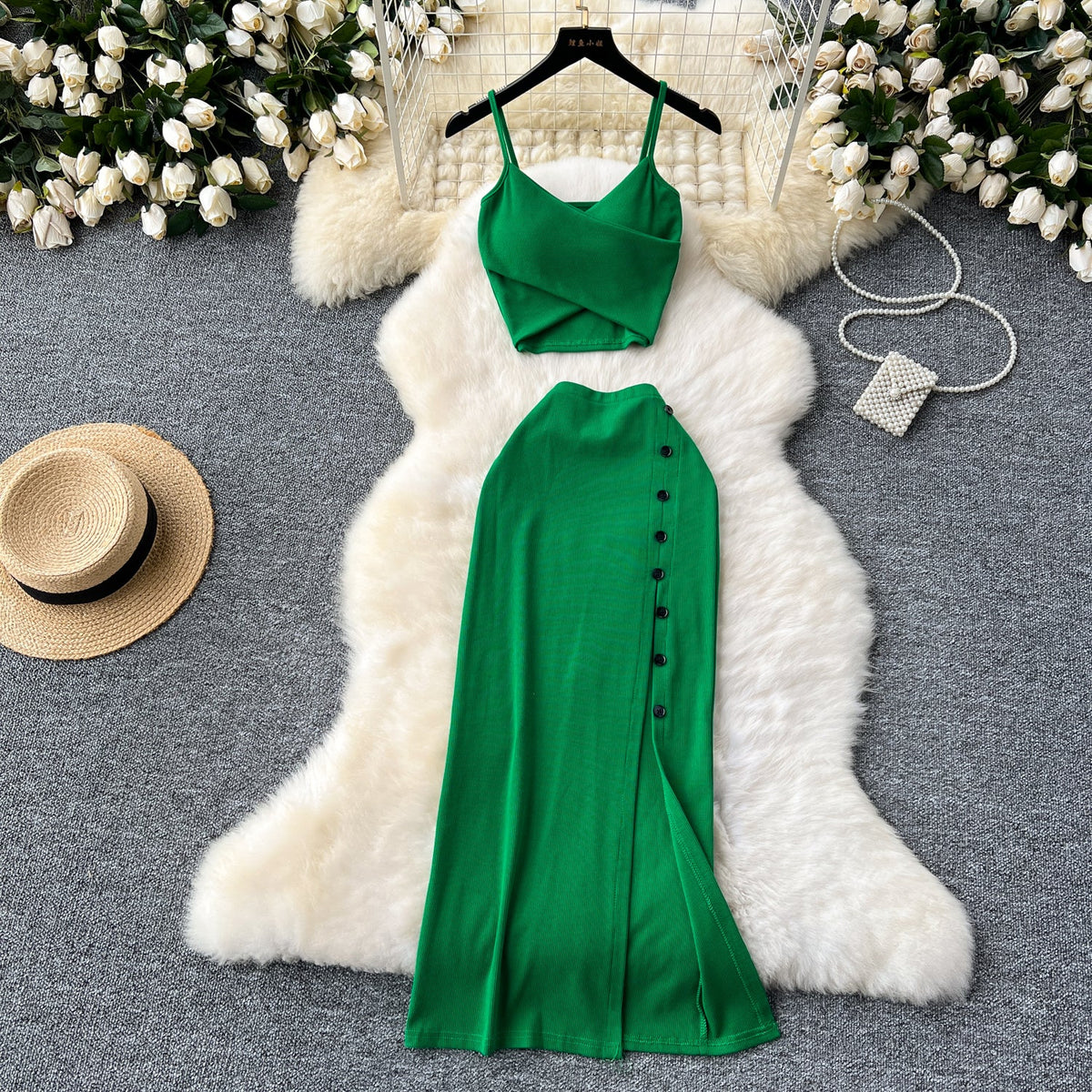 V-neck Camisole&Split Skirt Knitted 2Pcs