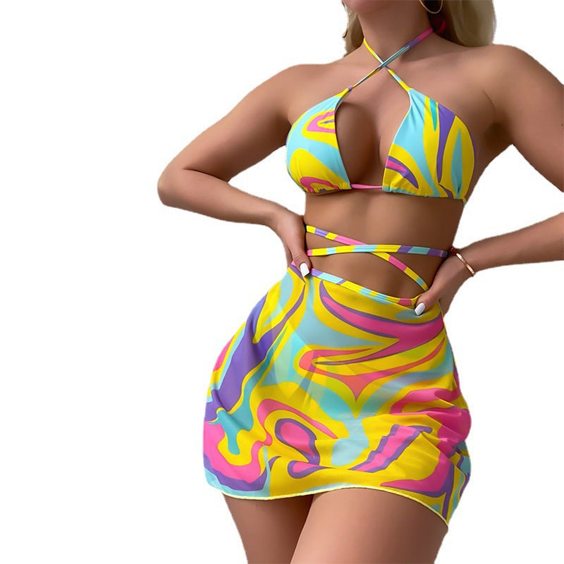 Neck Tie Striped Printed Mesh Three-piece Bikini