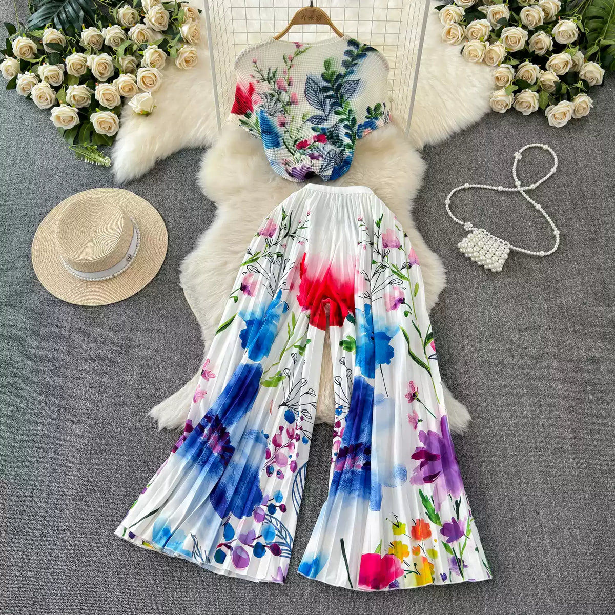 Chiffon T-shirt & Wide-leg Trousers 2Pcs