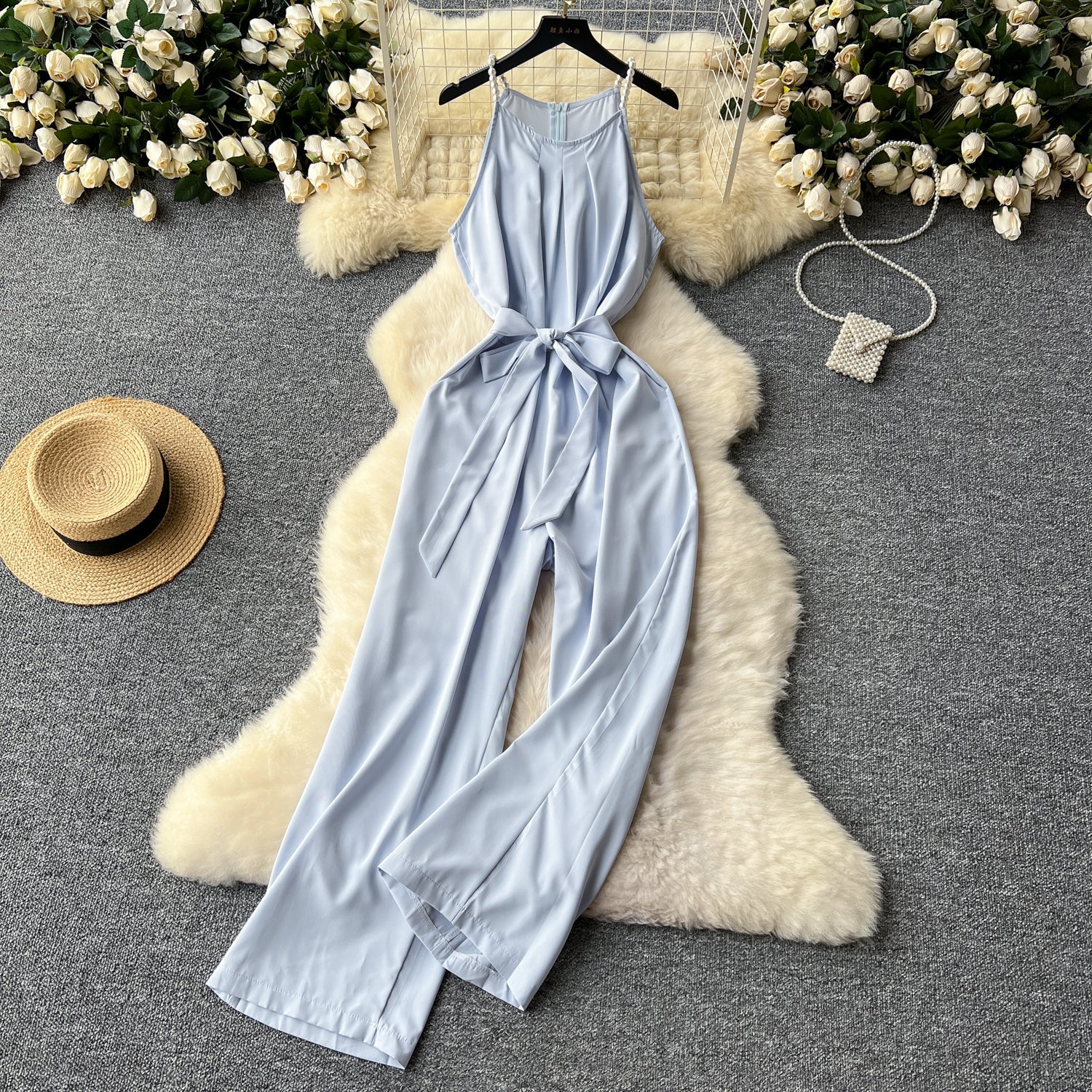 Pearl Strap Pleated Slip Jumpsuit