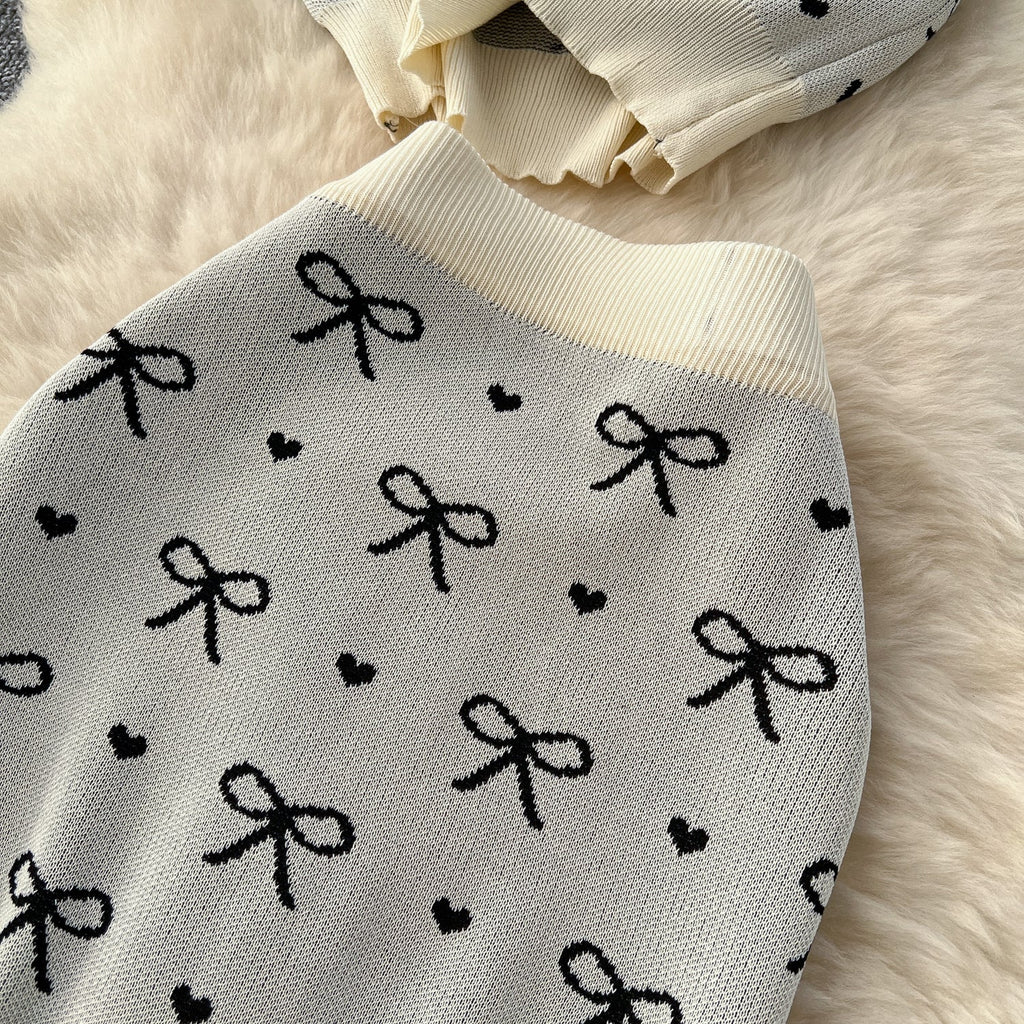 Bow Knitwear & Hip-wrapping Skirt 2Pcs