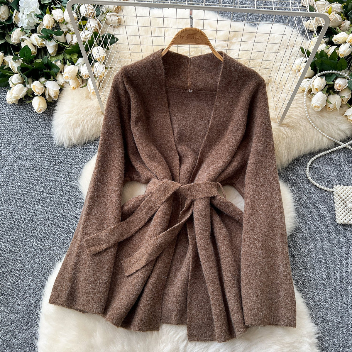 Lace-up Cardigan&Knitted Dress 2Pcs