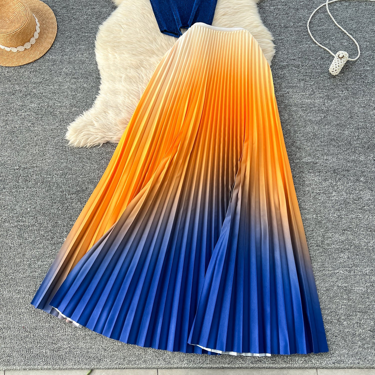 Pleated Top & Skirt Gradient Color 2Pcs
