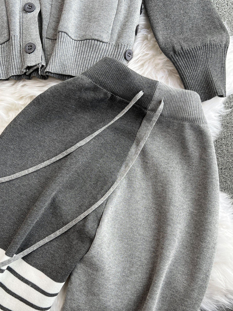 V-neck Cardigan&Drawstring Trousers 2Pcs