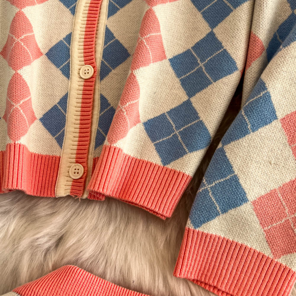 Color Blocking Lozenge Cardigan&Skirt 2Pcs