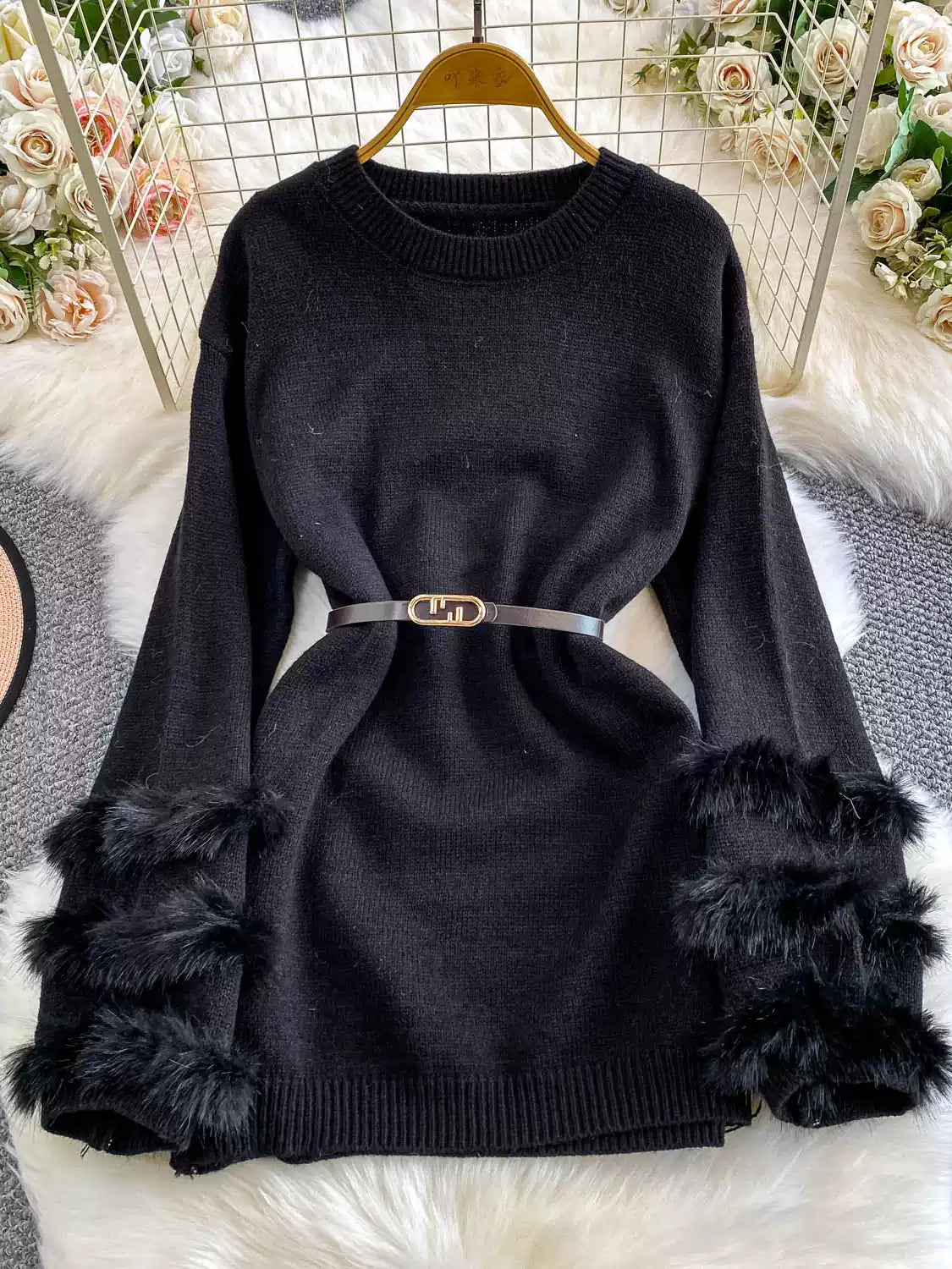 Furry Cuff Sweater with Waistband