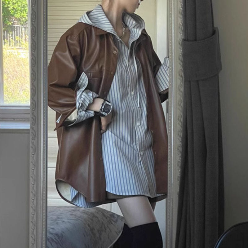 Vintage Patchwork Brown PU Jacket