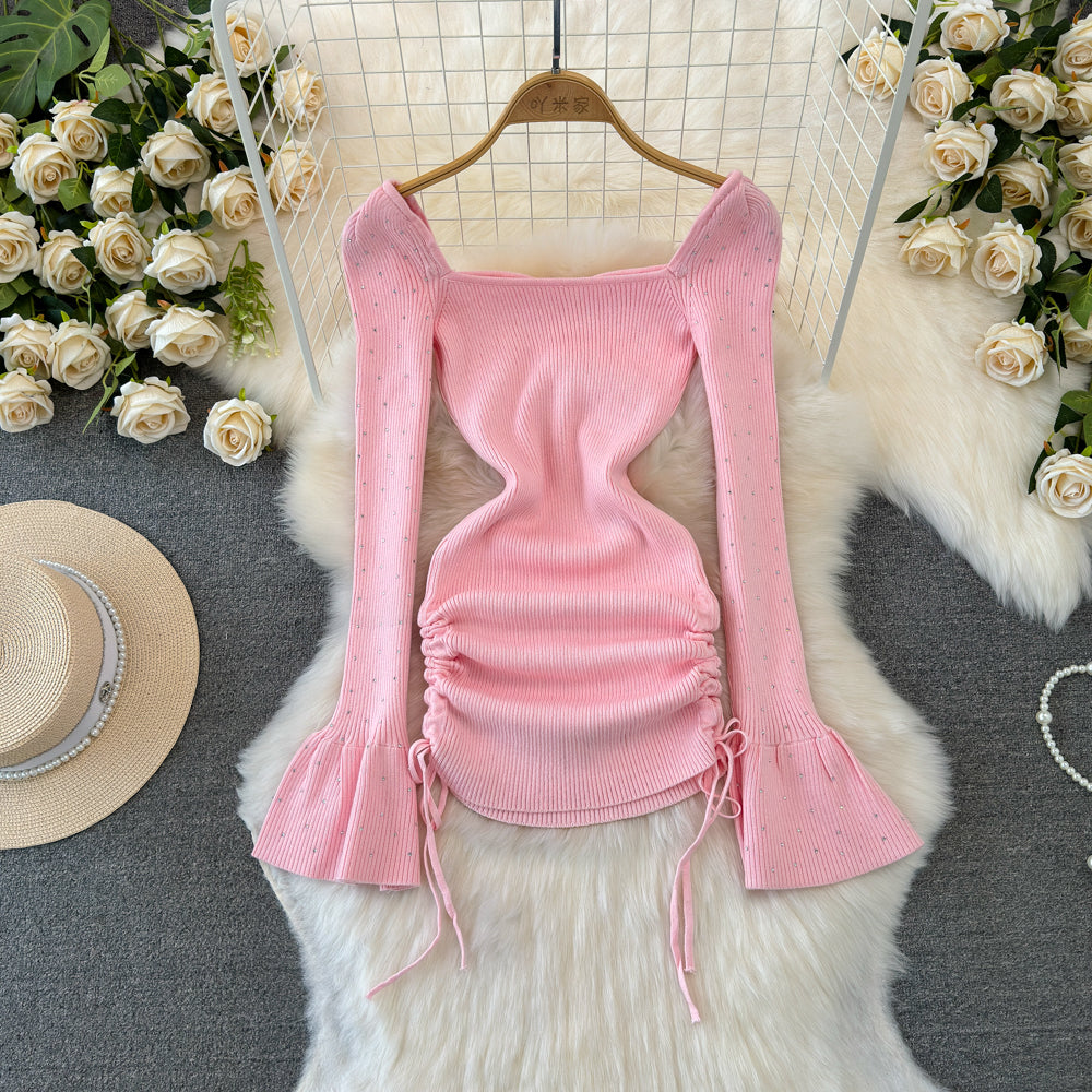 Square Neckline Beaded Knitted Dress