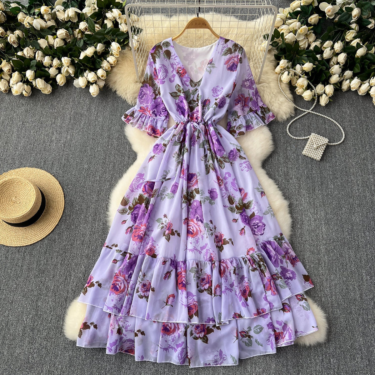 Vintage Lace-up Pleated Floral Dress