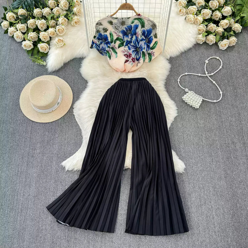 Chiffon T-shirt & Wide-leg Trousers 2Pcs