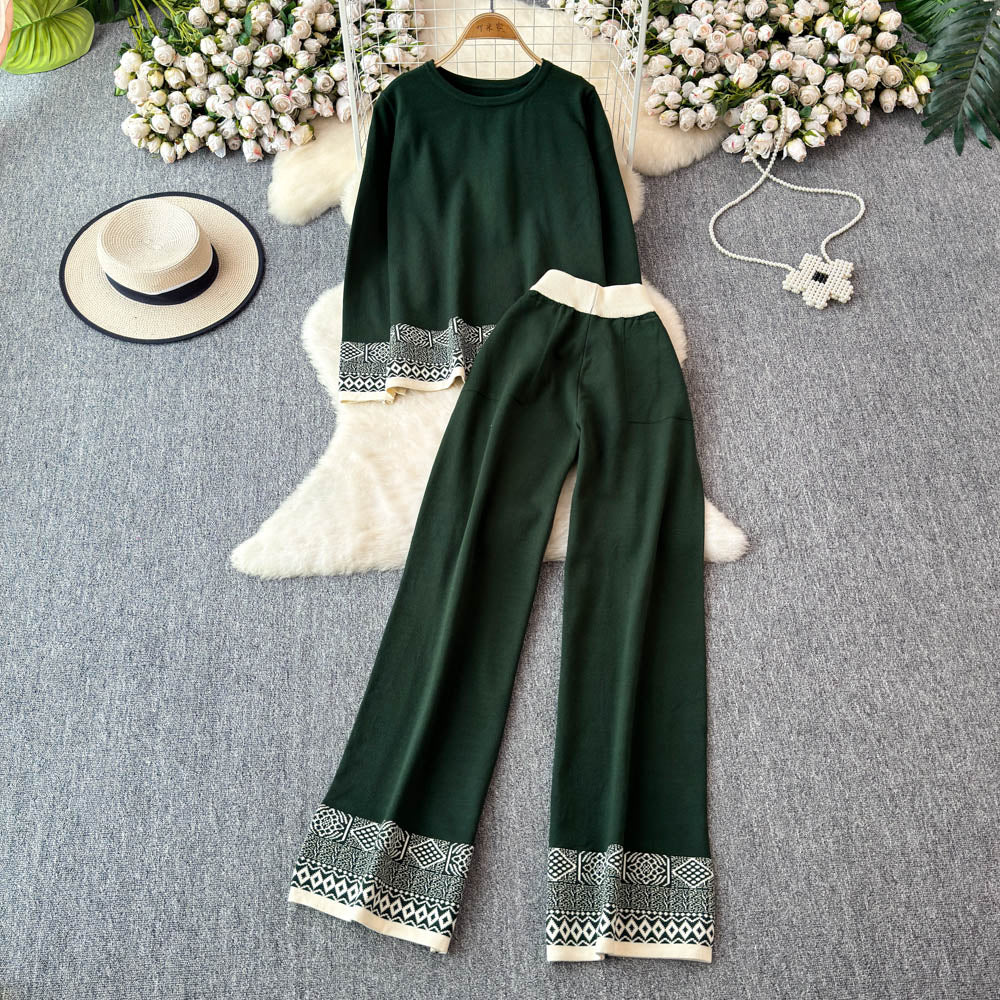 Sweater&Trousers Color-blocking Embroidered 2Pcs